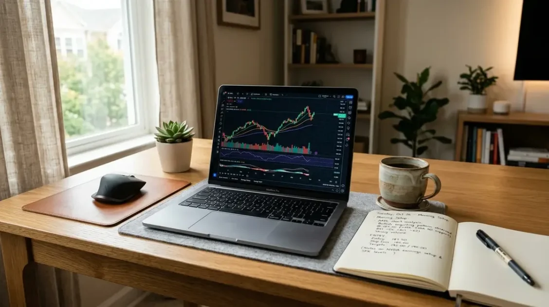 FintechZoom.io stock market course displayed on laptop with live trading charts and study materials