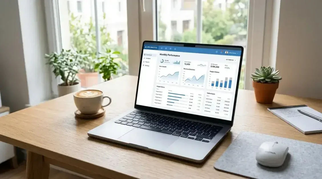 HMJones.net website displayed on a laptop screen in a modern workspace setting