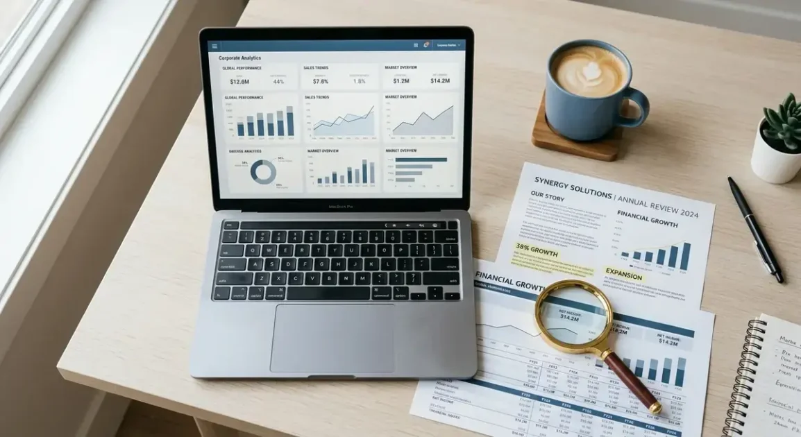 Research dossier for target company displayed on a laptop with printed corporate intelligence documents and financial charts on a professional desk