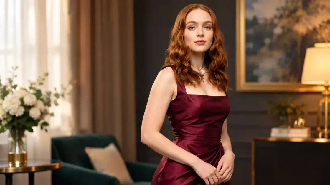 Sadie Sink in an elegant burgundy dress